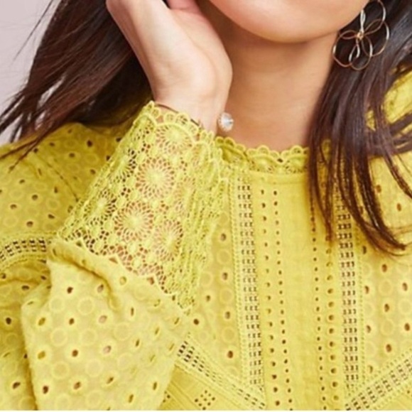 James Coviello Burnham, Lace, Yellow, Long Sleeve, Eyelet, High Neck, Top, XS - Picture 2 of 10